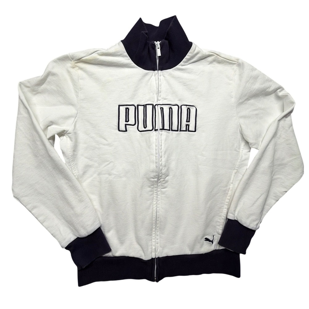 Puma Womens Quarter Zip Track Jacket White Navy Blue Embroidered Logo Size L